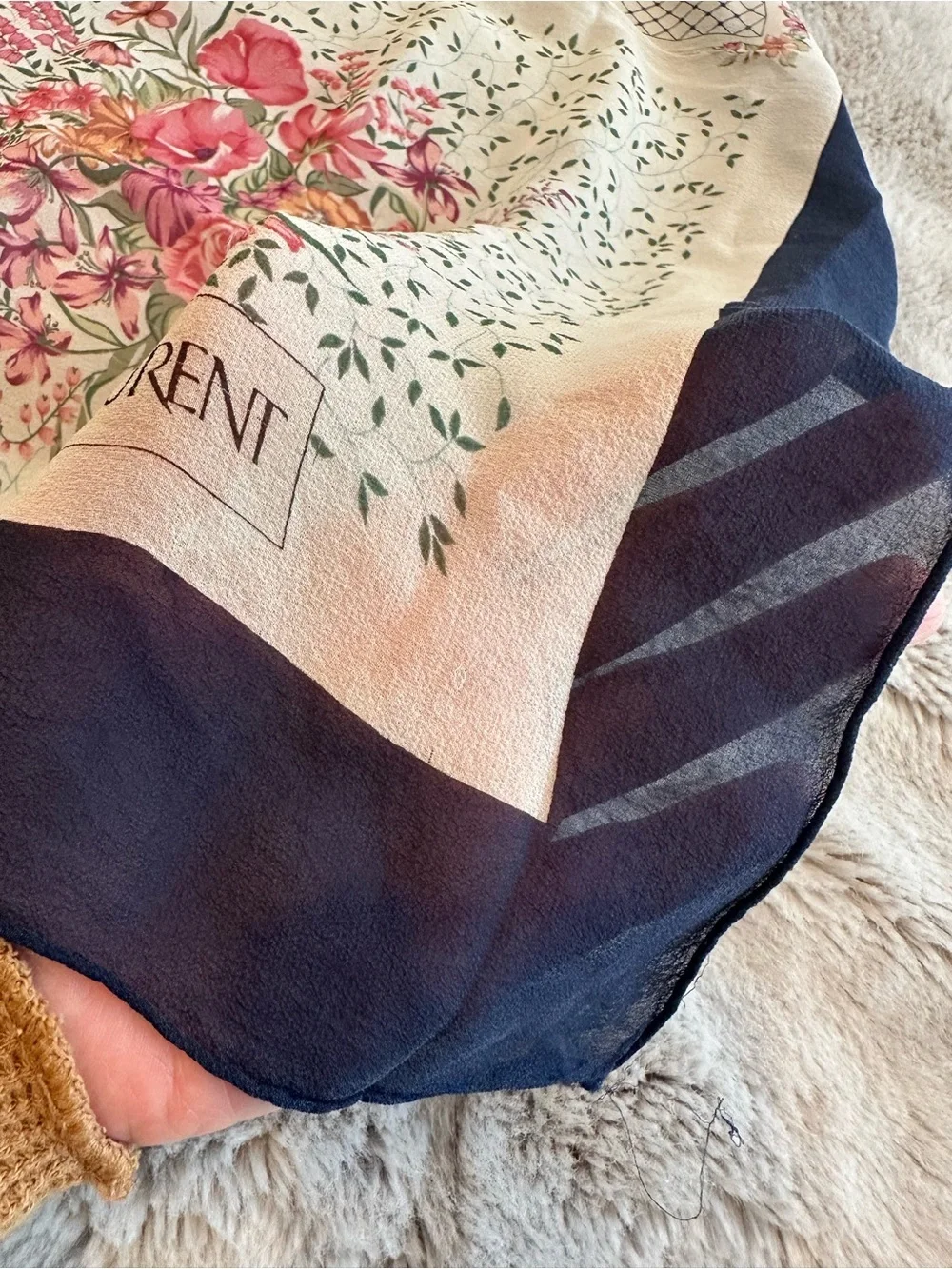 Yves Saint Laurent Cream Silk Scarf with Pink Floral & Navy Border
